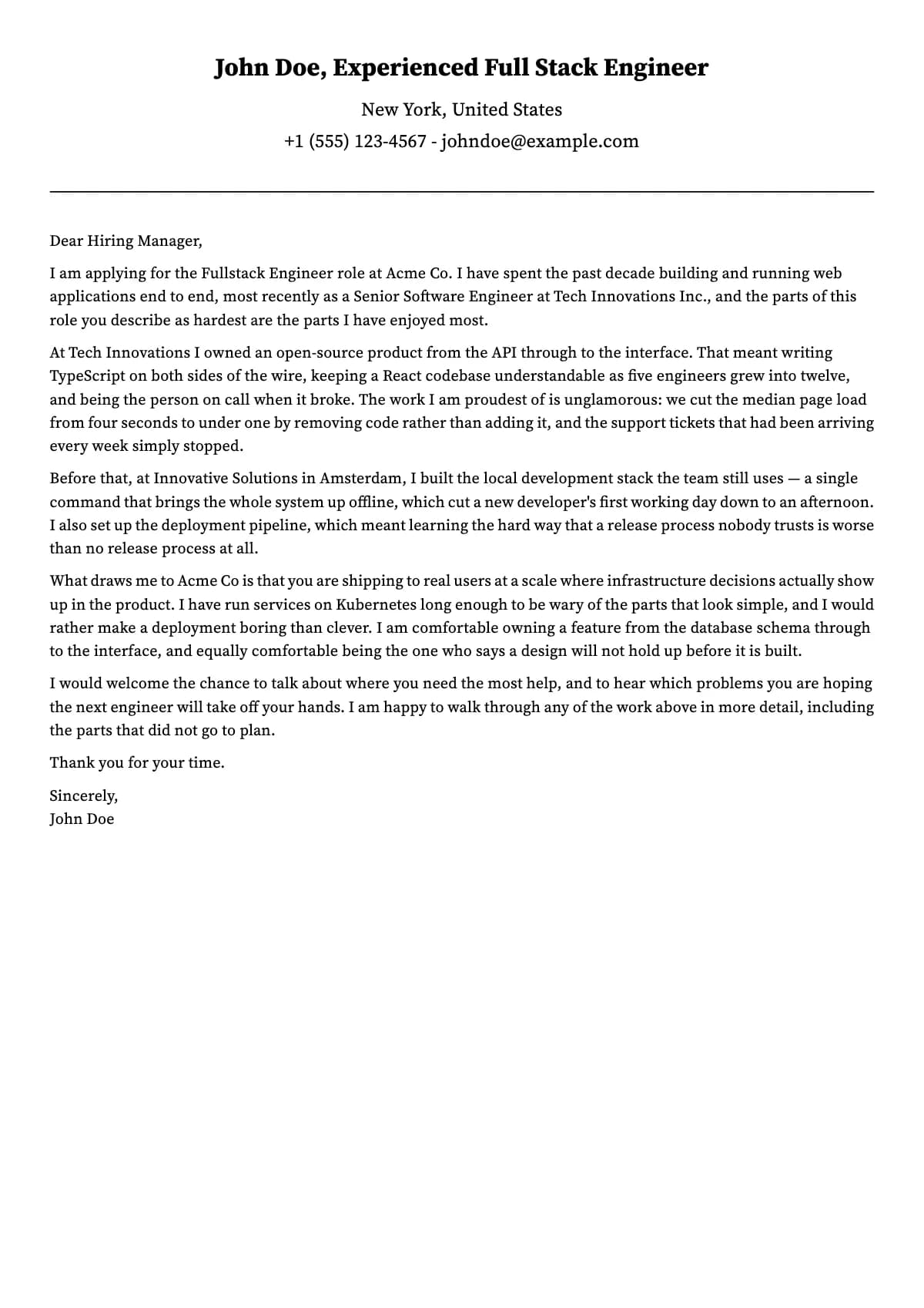 Alaz cover letter template — Centred name and contact block over a rule, classic serif text.
