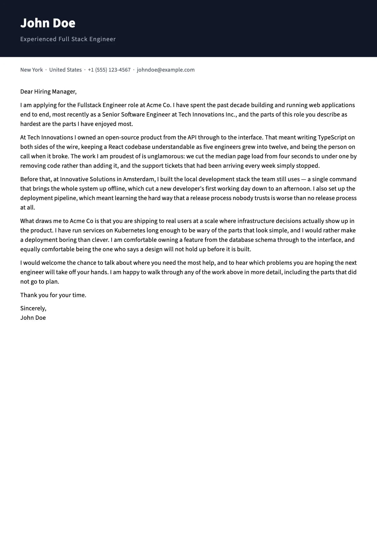 Dora cover letter template — Dark name band across the top, contact on one line, sans text.