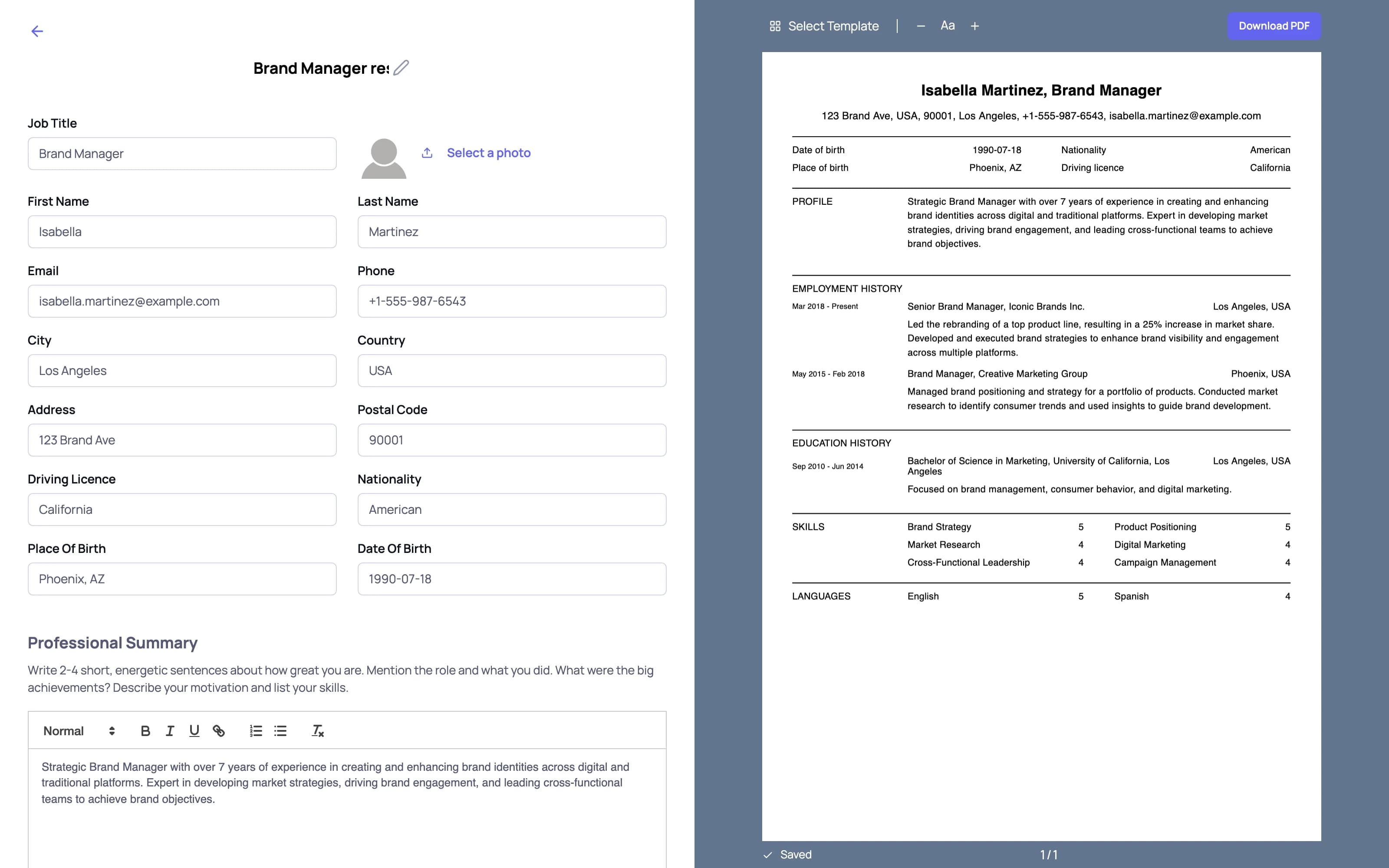 The cvspot.ai editor: a resume form on the left and a live preview of the finished page on the right