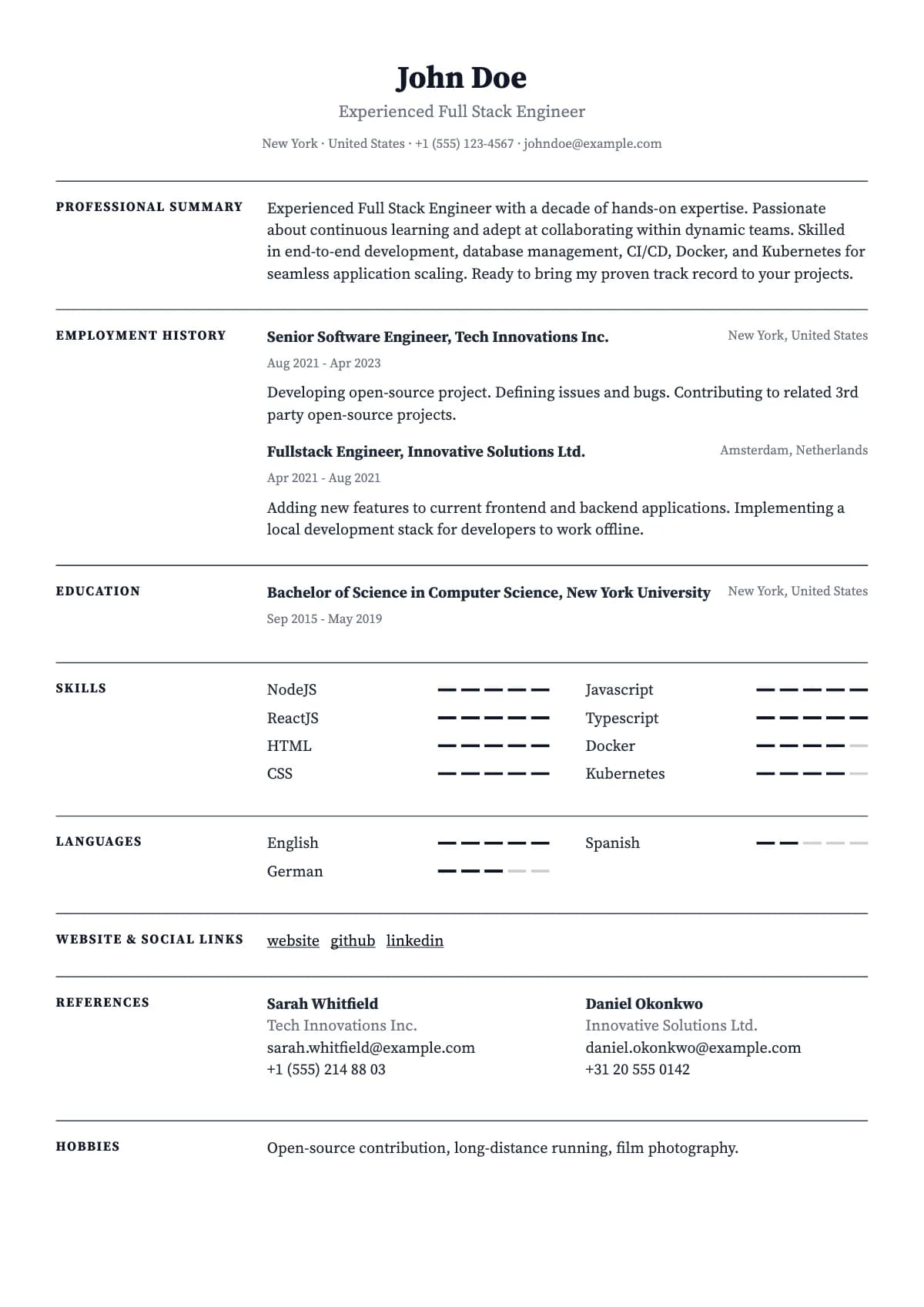 Alaz resume template — Section labels in the left margin, roomy single column.
