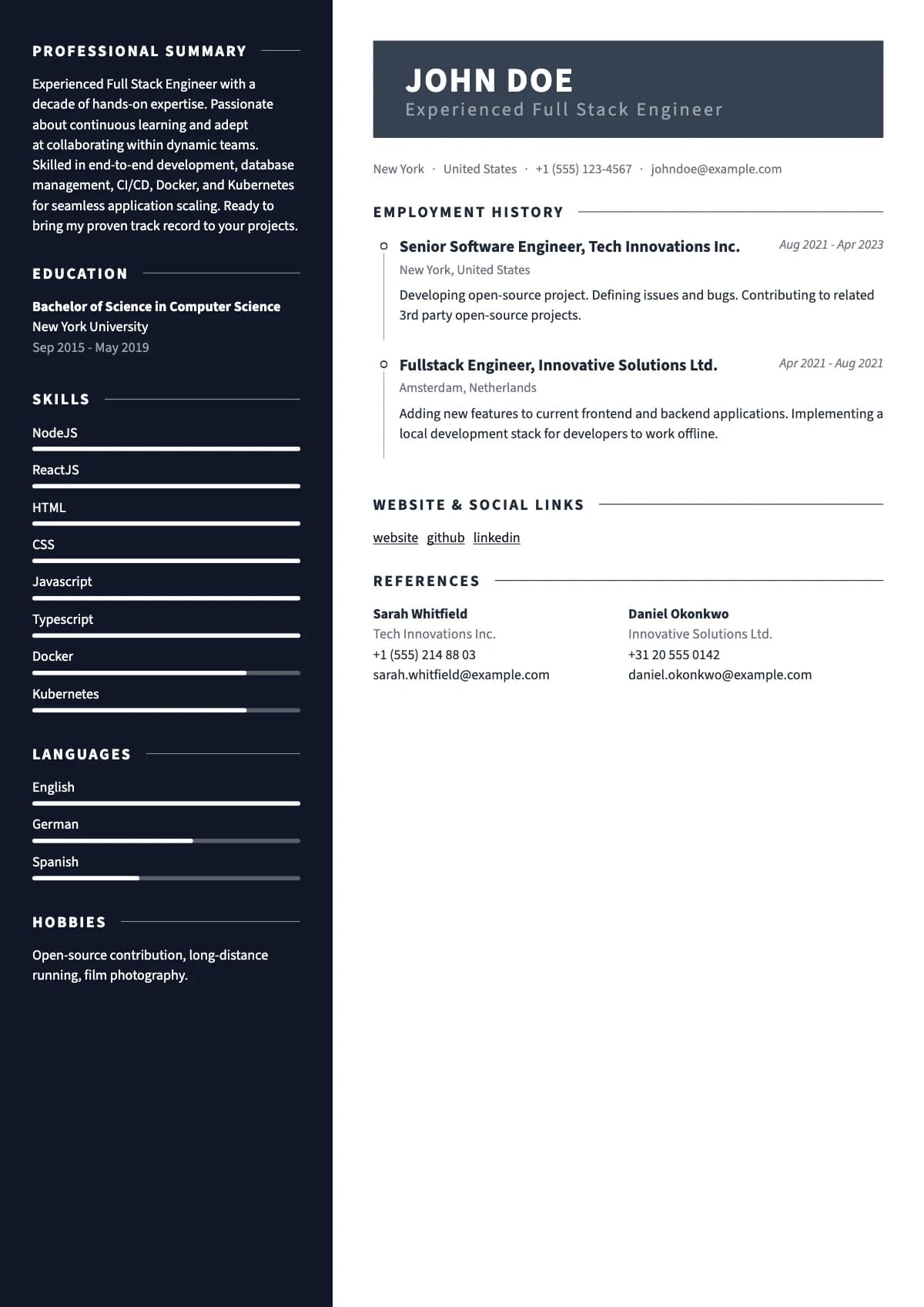 Ayzıt resume template — Dark side column with a matching name band and a timeline.