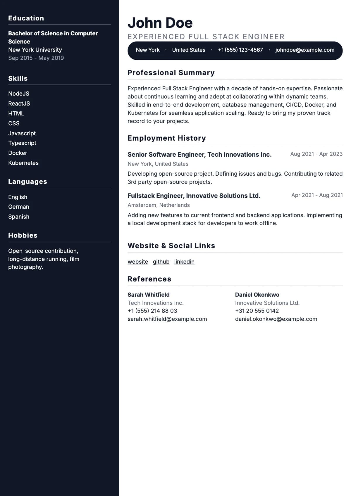 Burkut resume template — Rounded dark column, contact details on a pill above the text.