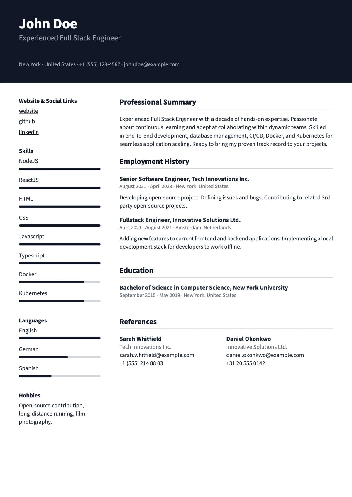 Dora resume template — Dark name band over a slim skills column beside the story.