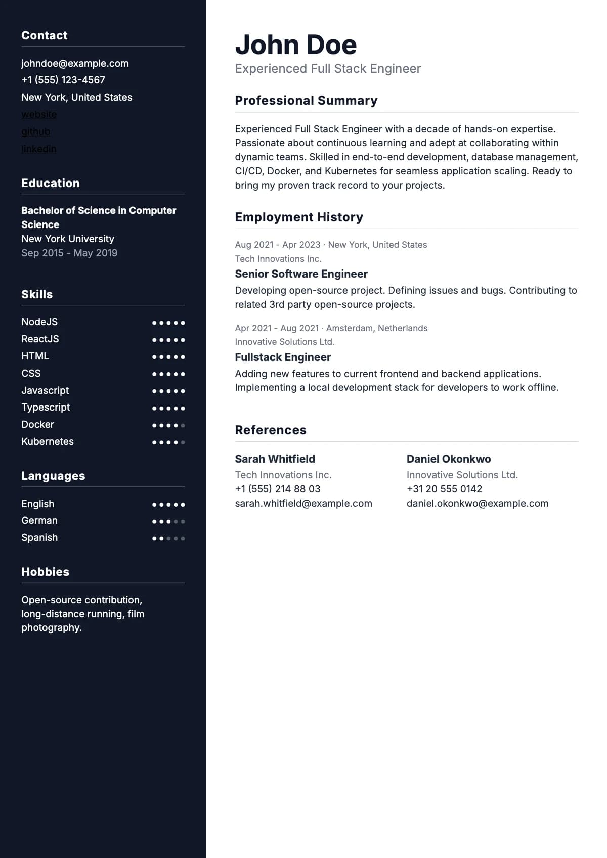 Erlik resume template — Full-height dark sidebar for contact, skills and education.