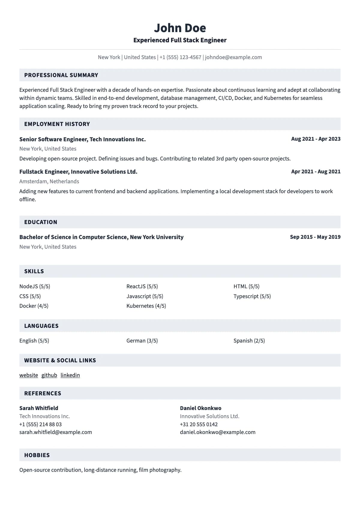 Kayra resume template — Filled section bands that walk the eye down one column.