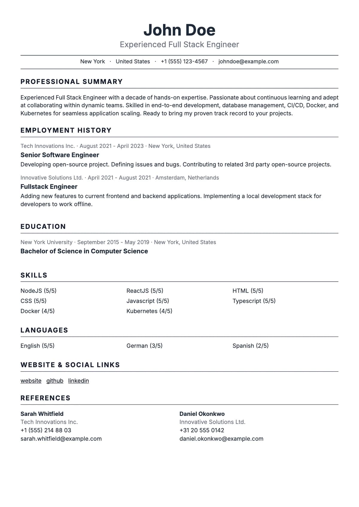 Kızagan resume template — Centred name, quiet typography, no rules or colour blocks.