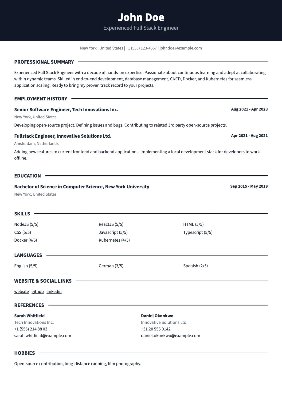 Kuara resume template — Full-width colour band across the top of a single column.