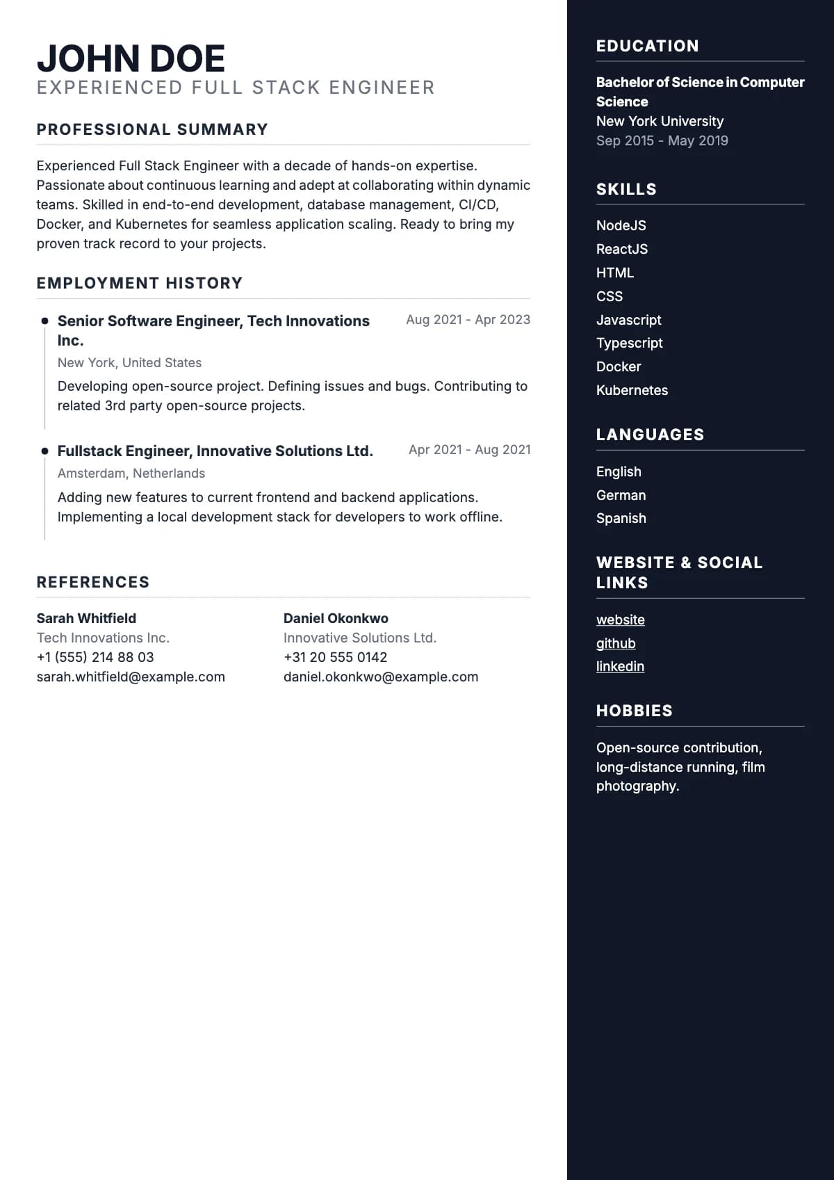 Kubay resume template — Dark column on the right, a dotted timeline for experience.
