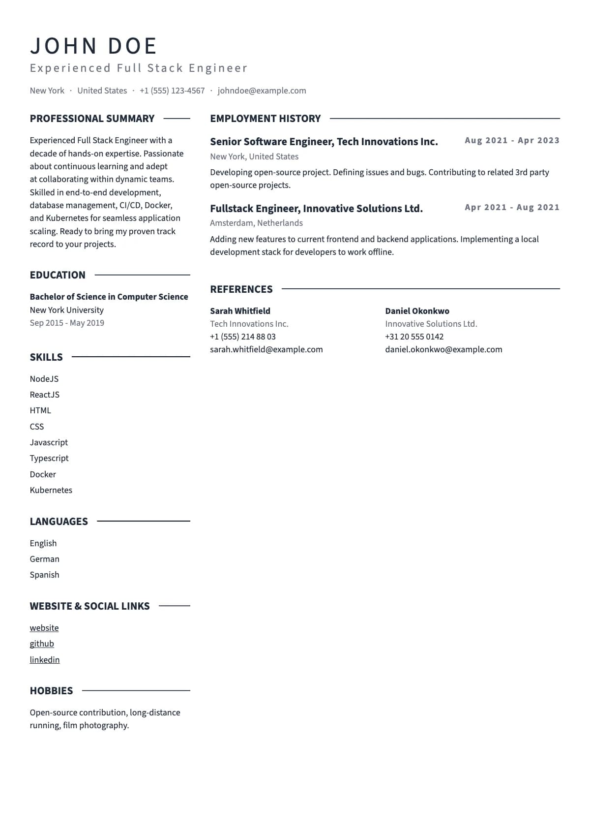 Mergen resume template — Two columns held apart by colour rules, not a filled panel.