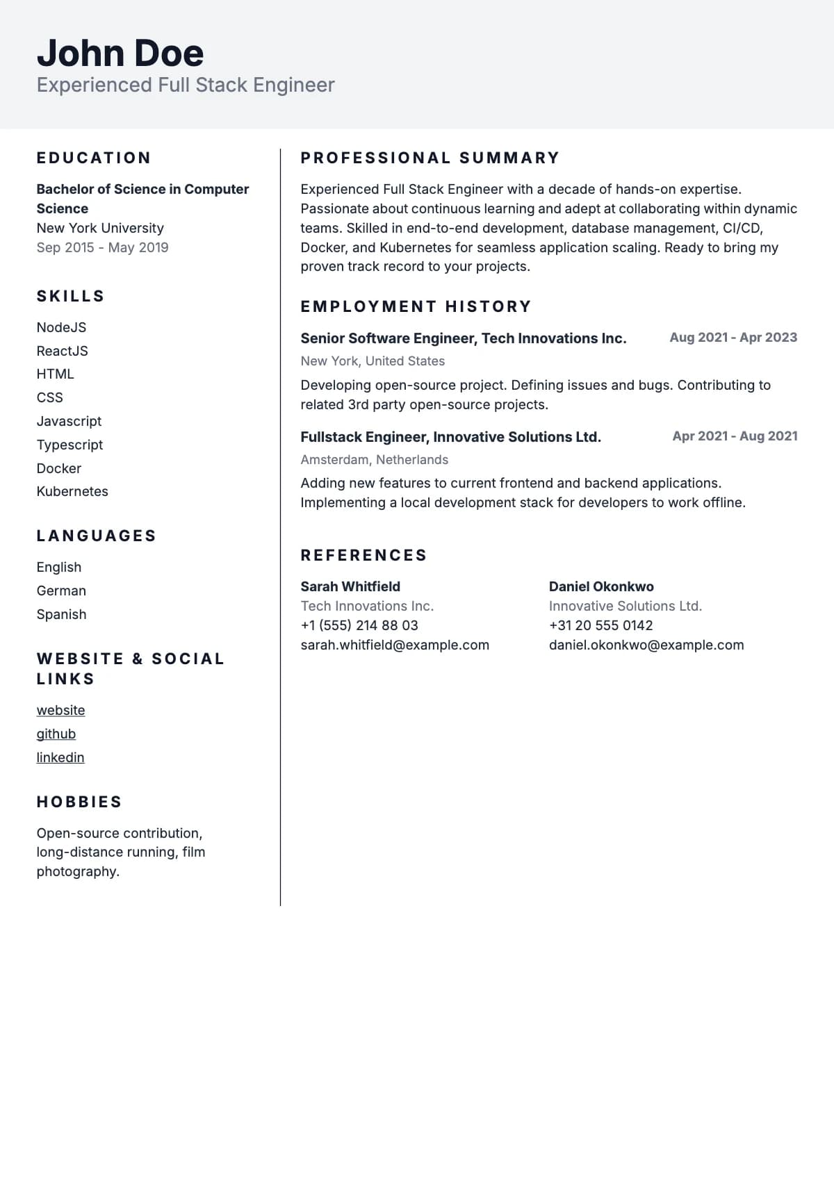 Ülgen resume template — Neutral top strip and two columns divided by a vertical line.