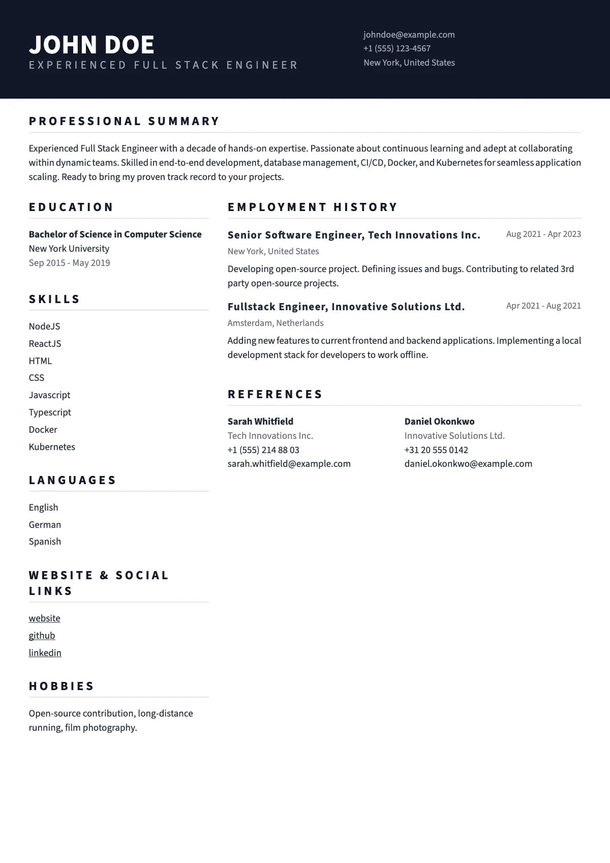 Umay resume template — Dark top band, a full-width profile, then two columns.