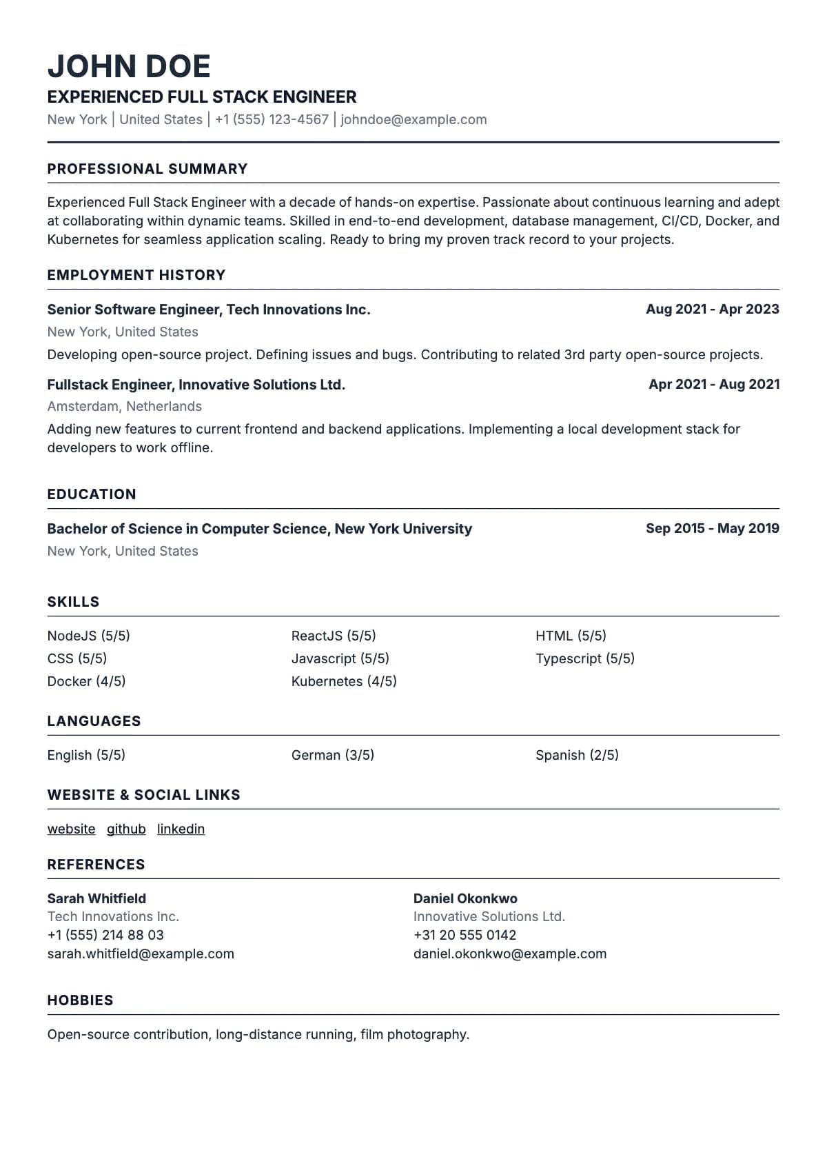 Yayık resume template — Corporate single column split by thin horizontal rules.